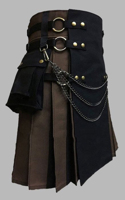 Black and Brown Utility Kilt With Chain
