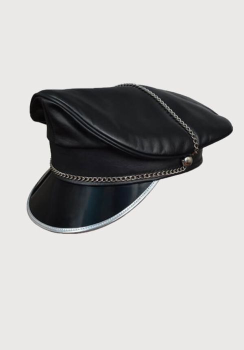 Black Genuine Leather Muir Biker Silver Peaked Cap With Chain