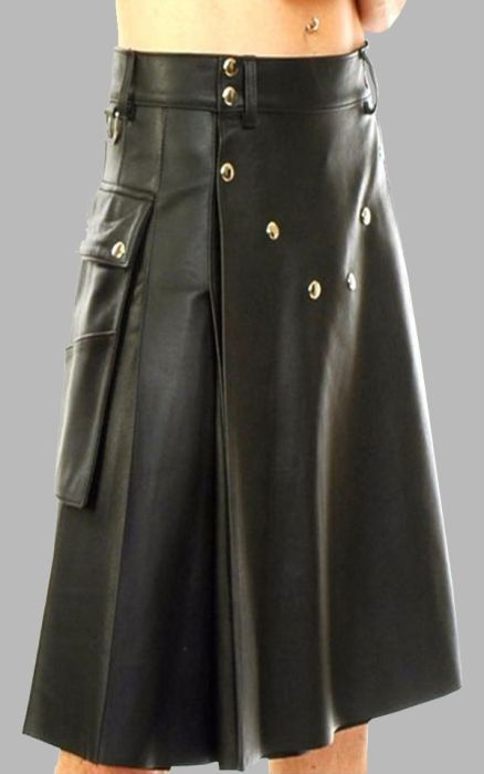 Black Leather Kilt with Stud Buttons for Men