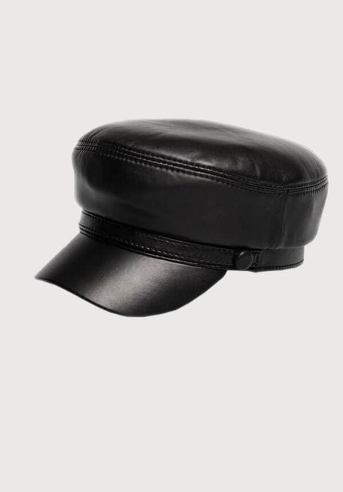 Black Leather Military Cap