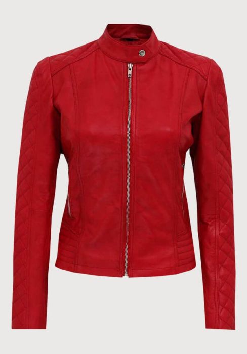 Red Quilted Leather Jacket For Women