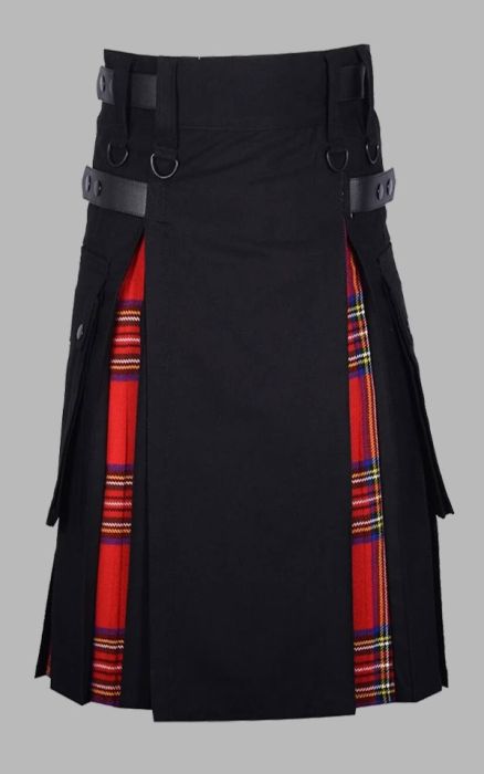Hybrid Kilt Black Cotton & Royal Stewart Tartan 