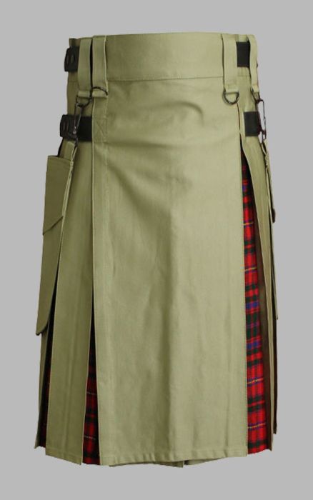 Khaki & MacPherson tartan Hybrid Kilt
