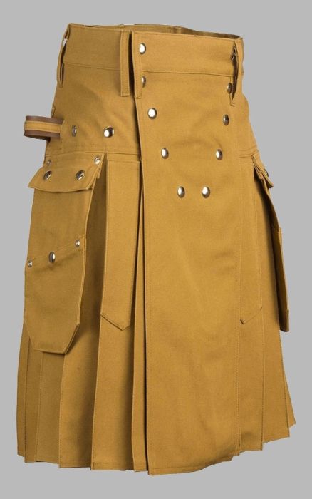 KhaKi Modern Utility Kilt With Silver Buttons