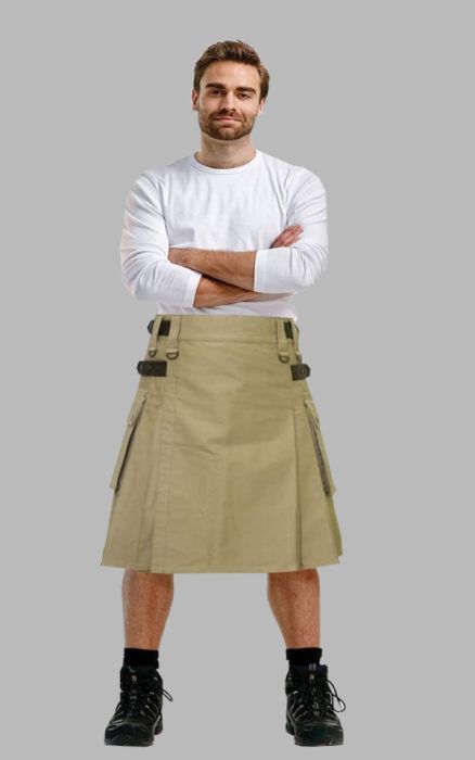 Khaki Utility Kilt With Leather Strap
