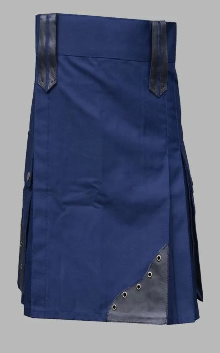 Latest Blue Utility Kilt with Black Leather Patches