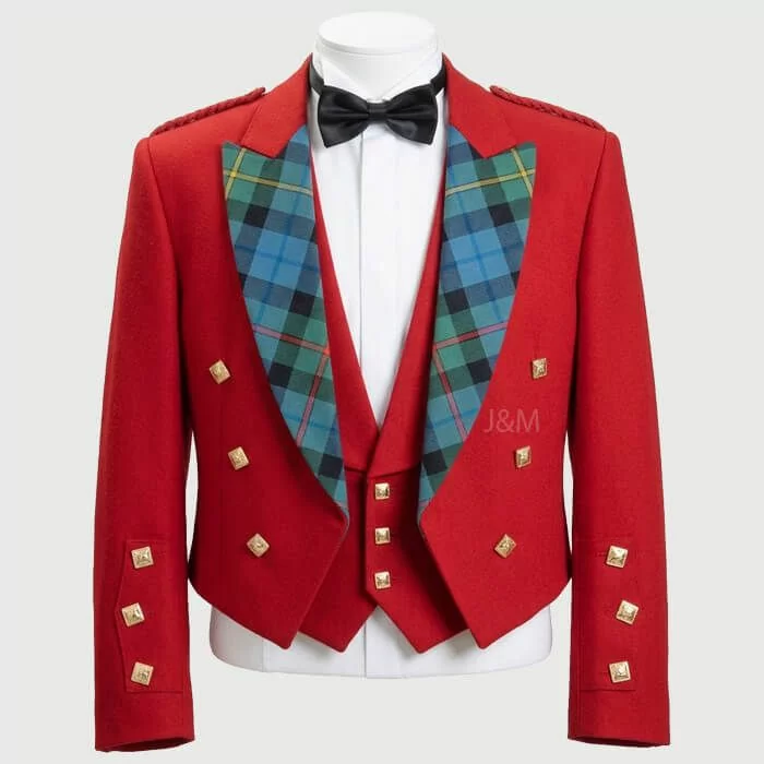 Red Prince Charlie Jacket With Tartan Lapel
