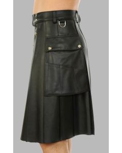 Black Leather Kilt with Stud Buttons for Men
