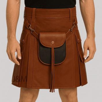 Brown Leather Kilt for Men with Removable Pouch