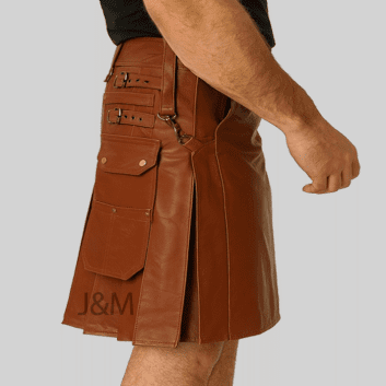 Brown Leather Kilt for Men with Removable Pouch