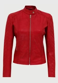 Red Quilted Leather Jacket For Women