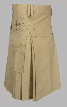 khaki utility kilt with round pockets