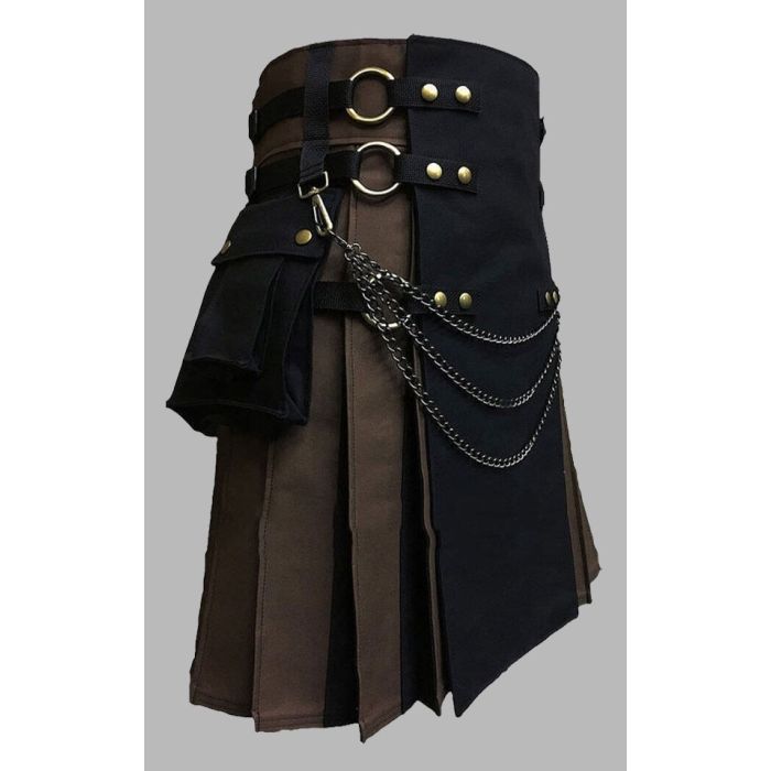Black and Brown Utility Kilt With Chain